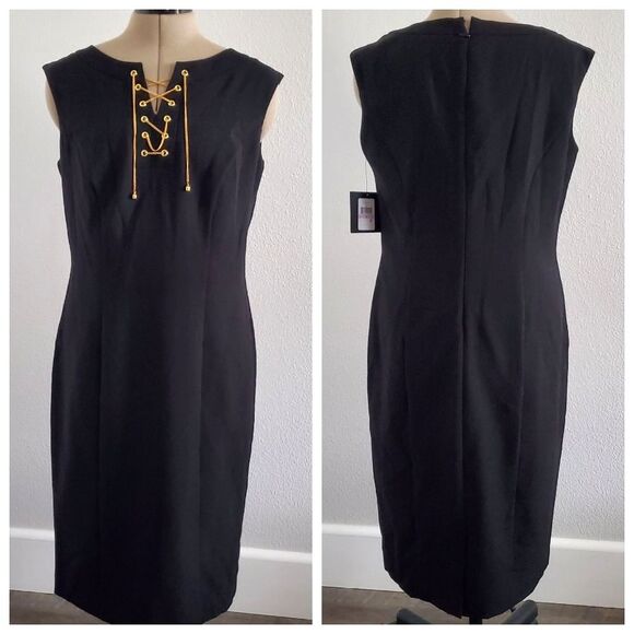 NWT Ellen Tracy Women's Sheath Dress Size 6 Black Sleeveless Lace-Up Gold Chain - Picture 2 of 9